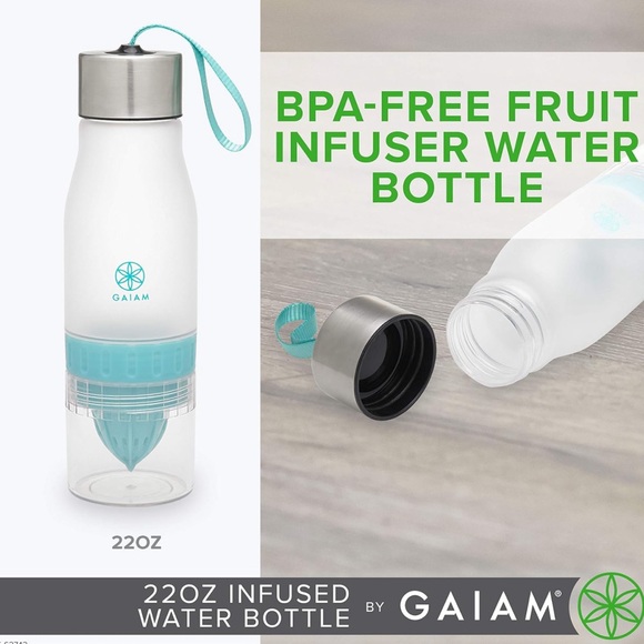 Gaiam *NWT* 22 Ounce Fruit Infuser Water Bottle, BPA Free Non-Toxic, Green Strap - Picture 5 of 14